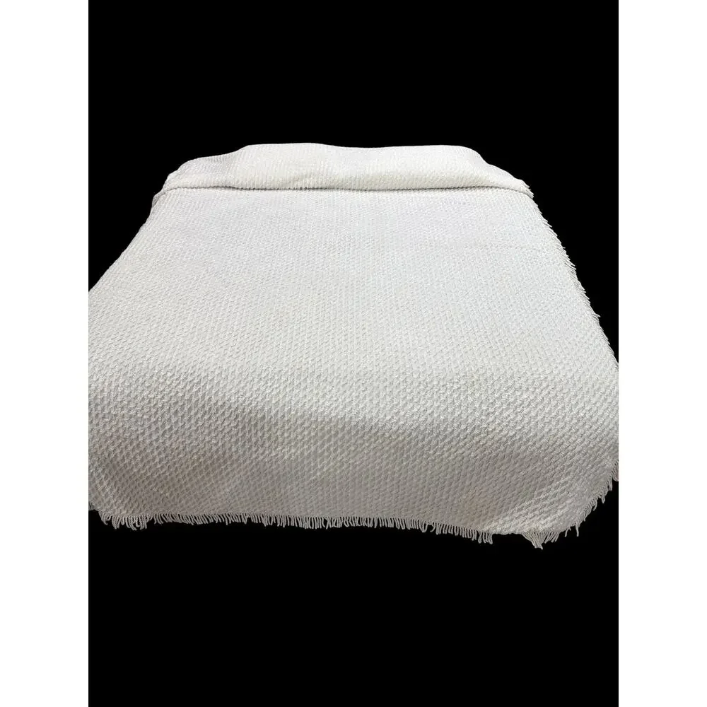 Vintage White Chenille Bedspread Queen Size 82x104 Crosshatch Fringe Cotton MCM